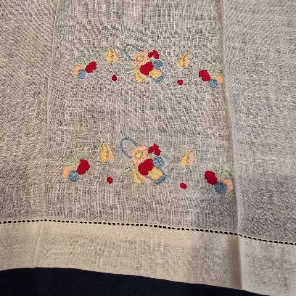 Hand Towel Linen White Flower Basket Fruit 1950s MCM Blue Peach Green Red Yellow